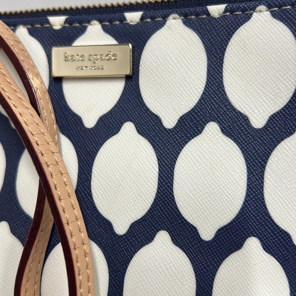 Kate Spade Navy White Lemon Print Zippered Top Wristlet Purse - Picture 2 of 7